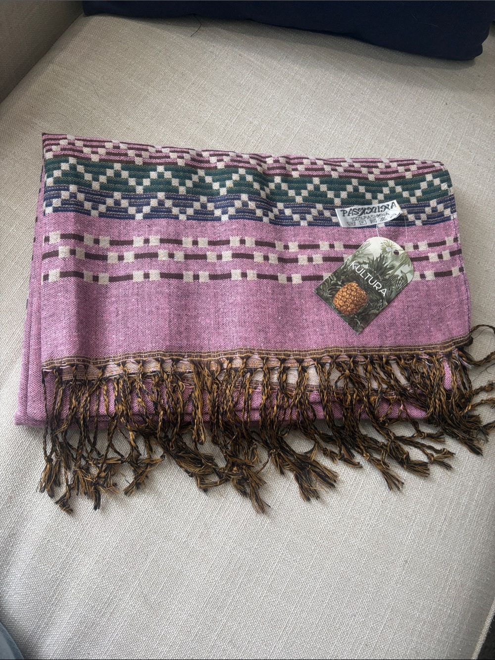 KULTURA Pink Patterned Woven Scarf with Fringes